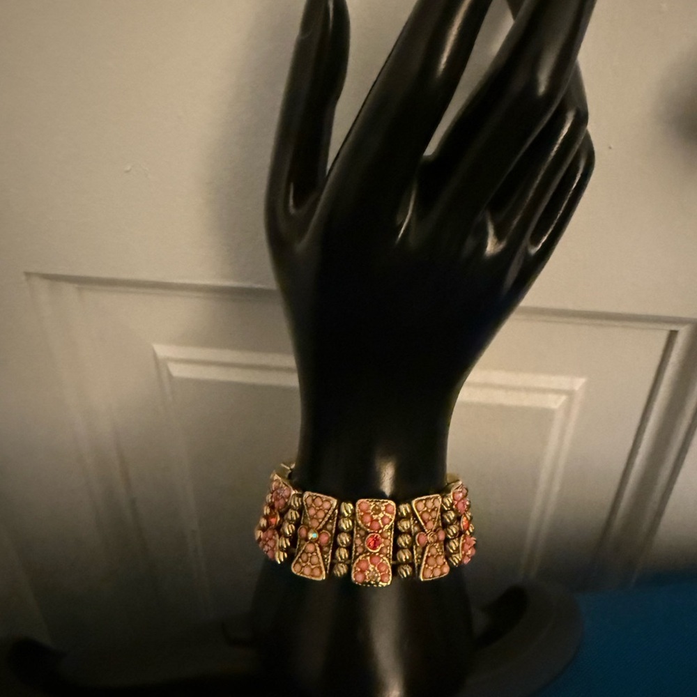 Stretch Gold Tone Wide Bangle Bracelet with Pink, Coral Beads & Red Rhinestones.